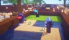 Eine bunte Minigolfbahn mit Hindernissen und Kurven, gebaut aus Minecraft-Blöcken.